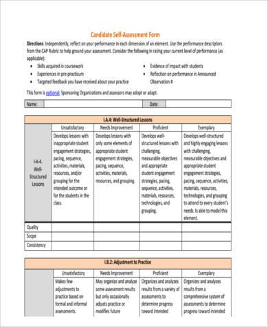 student behavior self assessment form