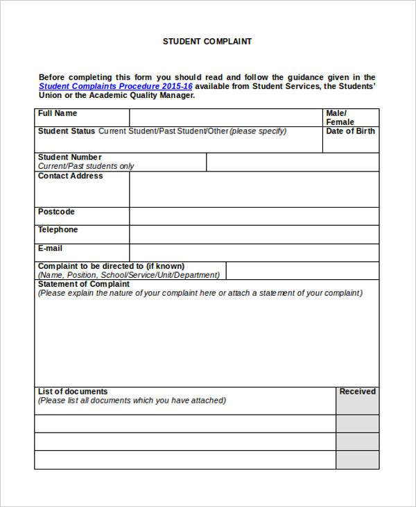 student complaint form doc