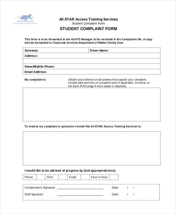 student complaint form example