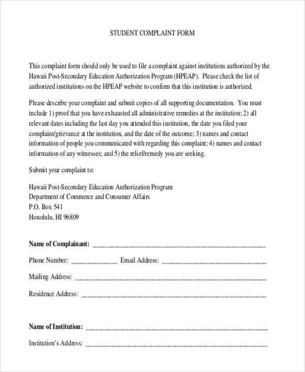 student complaint form sample