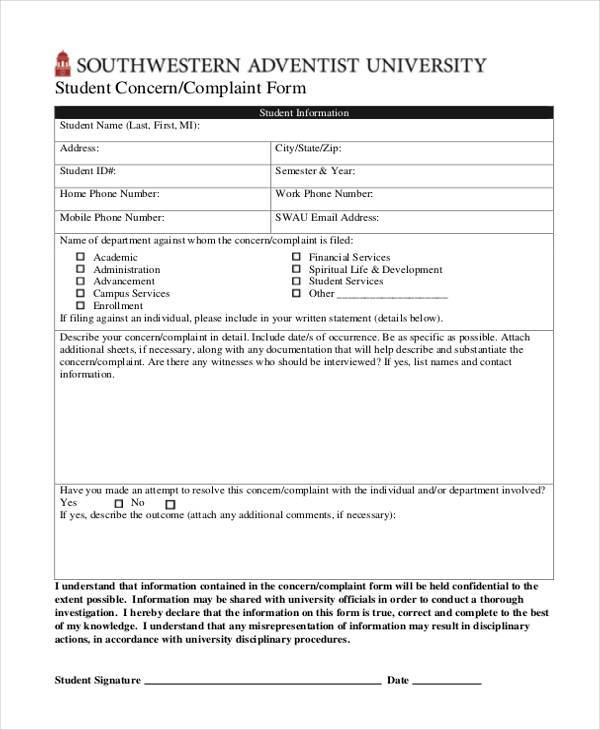 student concern complaint form