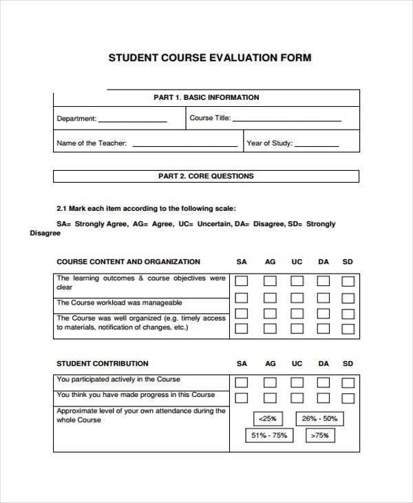 student course class evaluation form