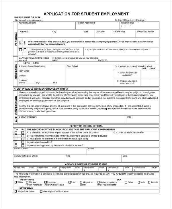 student employment application form