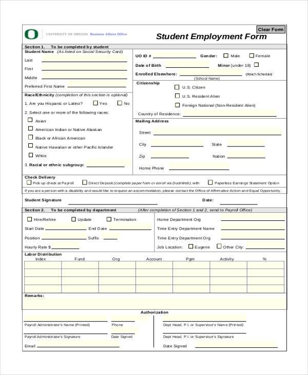 student employment form in pdf