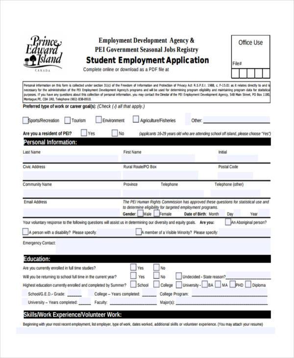 student employment job registration form