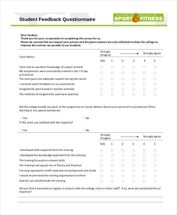 student feedback questionnaire form