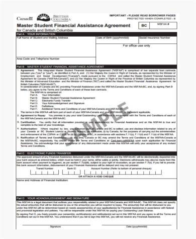 student financial assistance agreement form