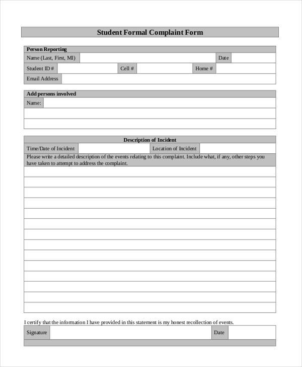 student formal complaint form
