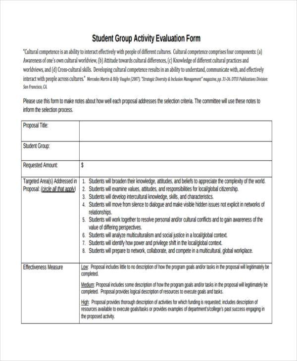 student group activity evaluation form