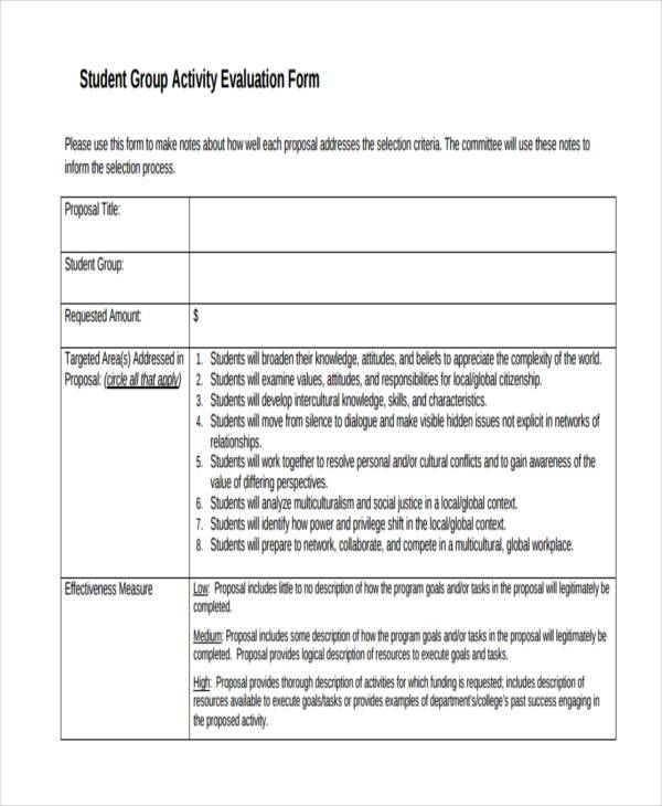 student group evaluation form sample