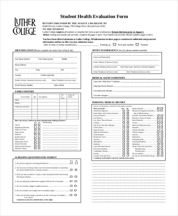FREE 7+ Sample Health Evaluation Forms in PDF | MS Word
