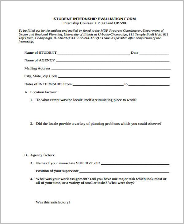 student internship evaluation form