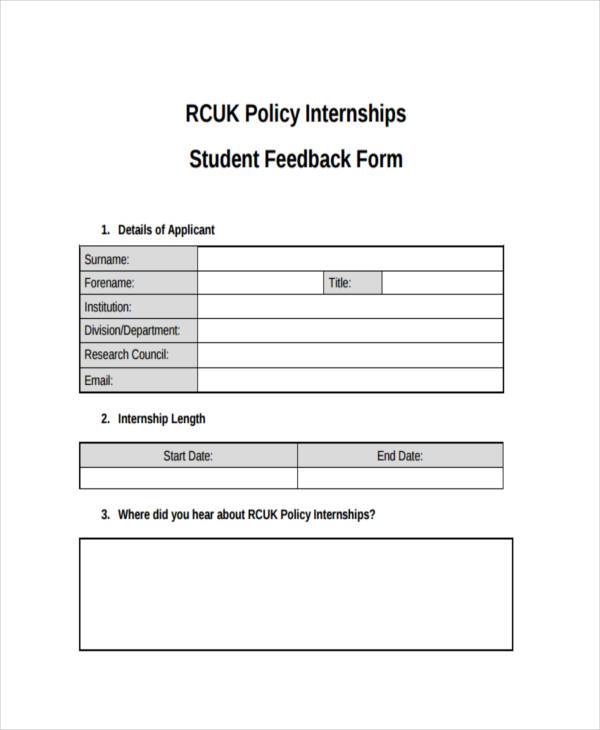 student internship feedback form