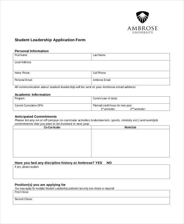 FREE 8+ Sample Leadership Application Forms in PDF MS Word