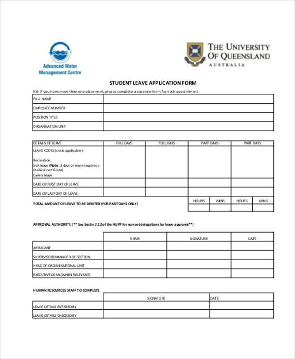 student leave application form sample