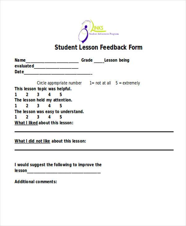 student lession feedback form