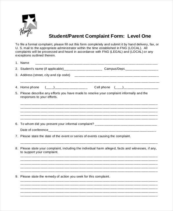 student parent complaint form