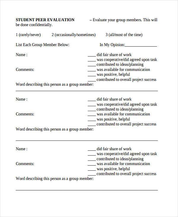 student peer evaluation form example