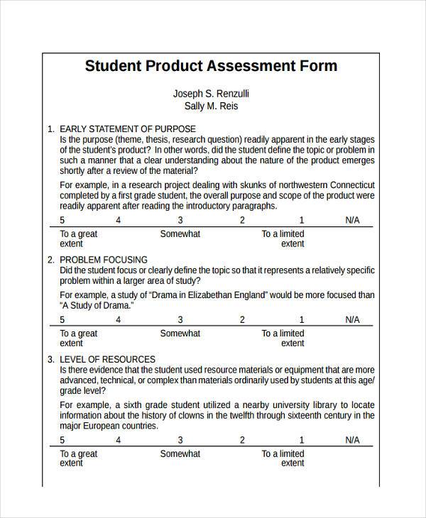 student product assessment form