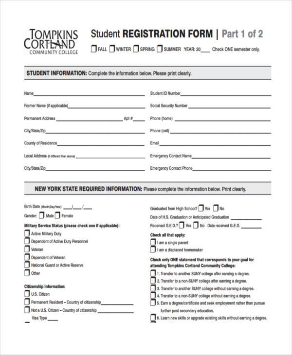 student registration form example