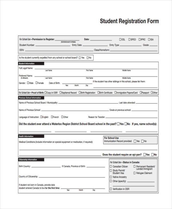 student registration form format