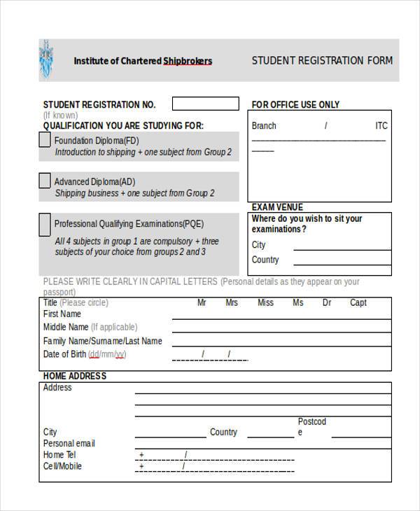 student registration form sample