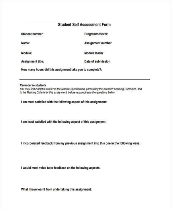 student self assessment form sample