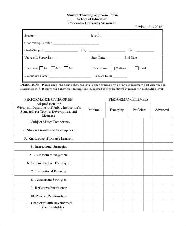 student teacher appraisal form
