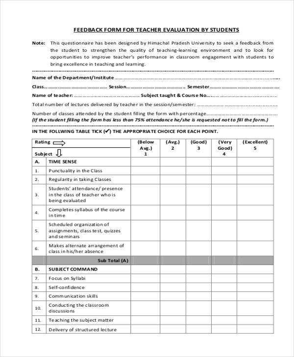student teacher feedback form
