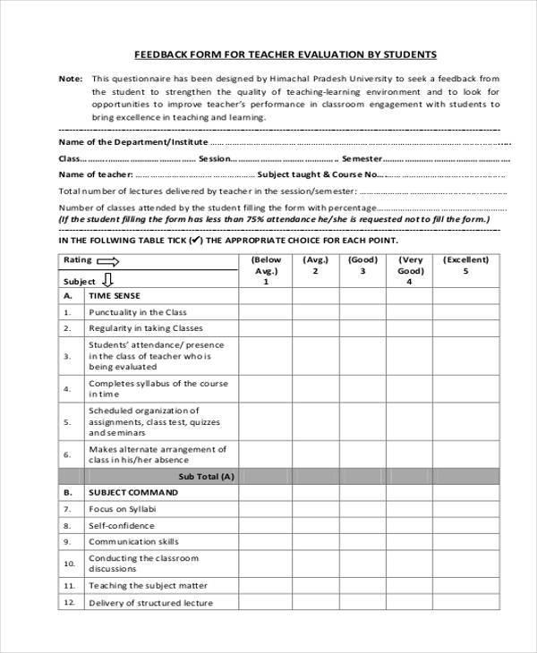 Free 7 student feedback forms in pdf ms word