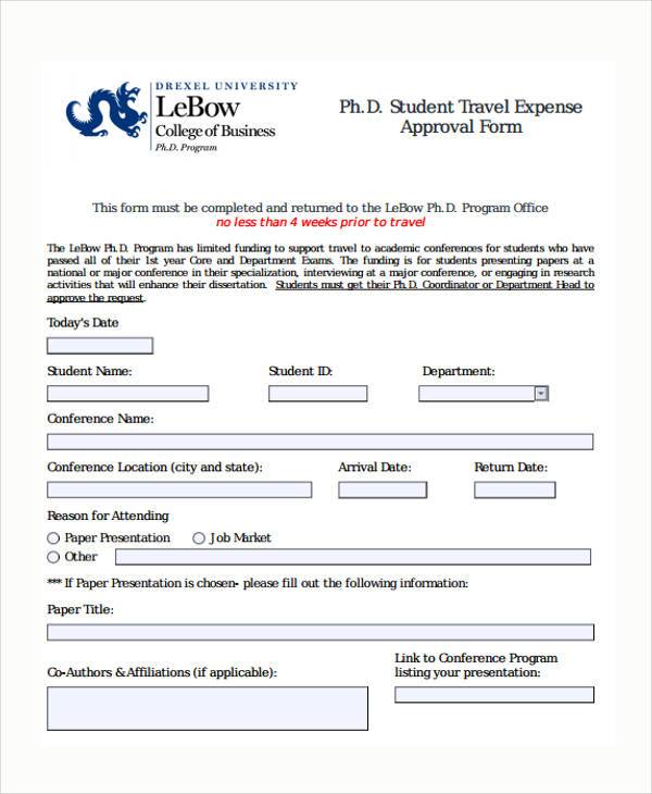 student travel expense approval form