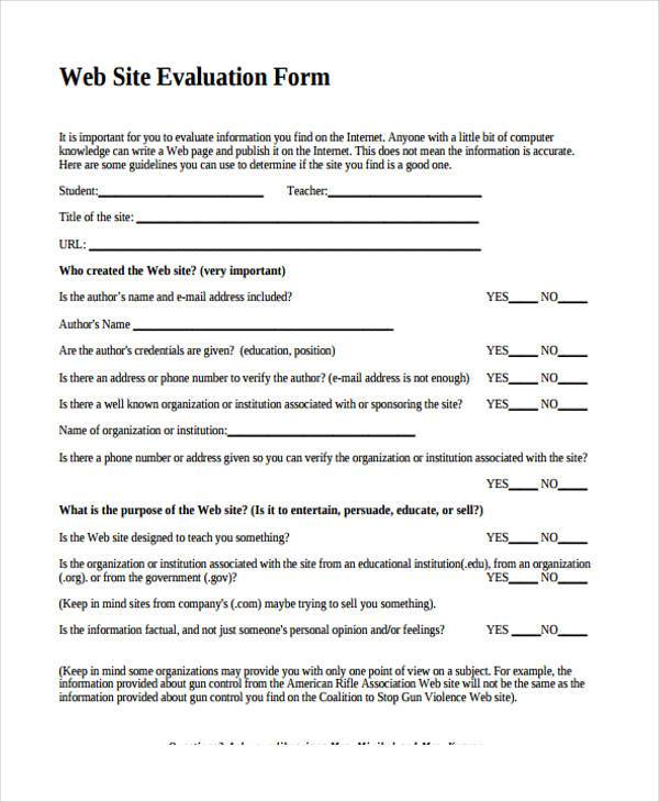 student website evaluation form