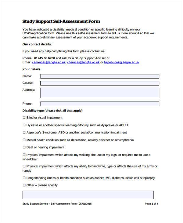 study support self assessment form