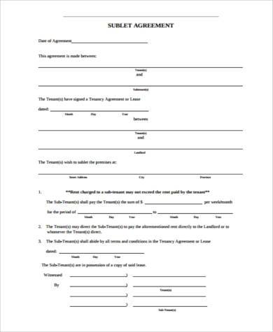 sub tenant agreement form