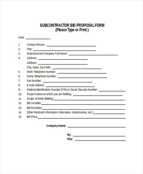 subcontractor bid proposal form