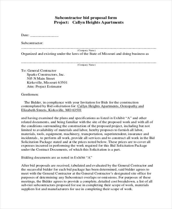 subcontractor bid proposal form1