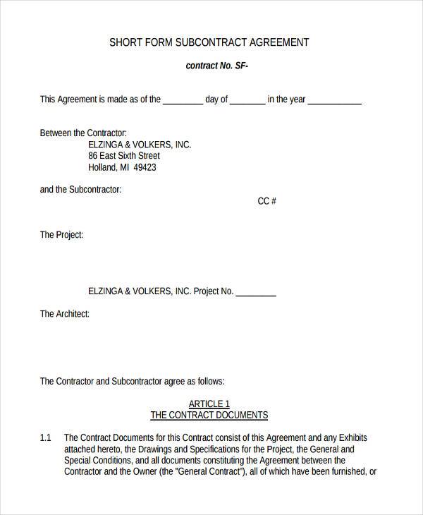subcontractor contract agreement short form