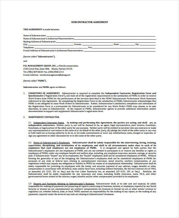 subcontractor contract form in pdf