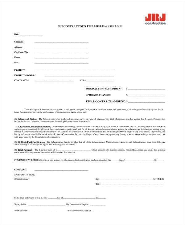 subcontractor lien release form