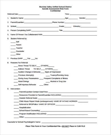 suicide assessment form for students