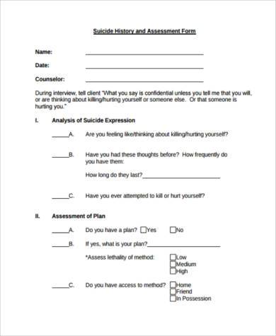 suicide history assessment form example