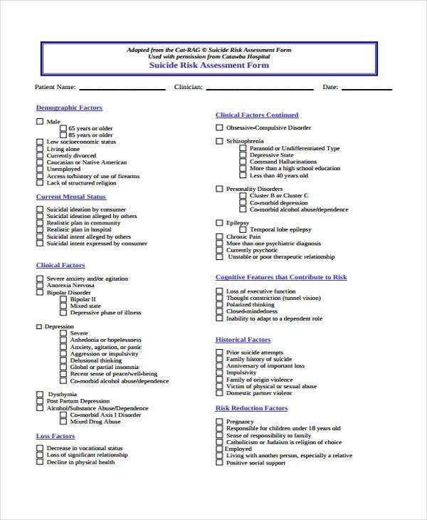 suicide risk assessment form example