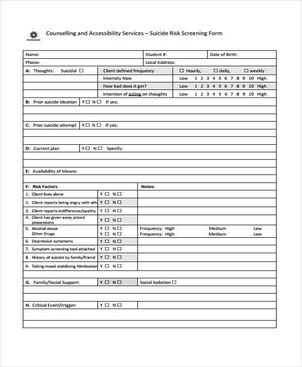 suicide risk assessment screening form