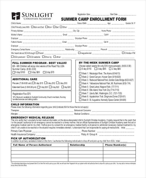summer camp enrollment registration form