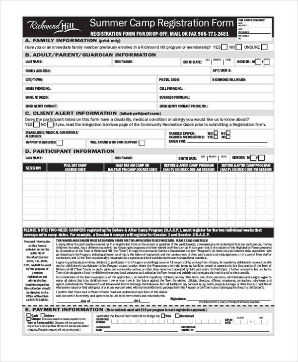 summer camp medical registration form