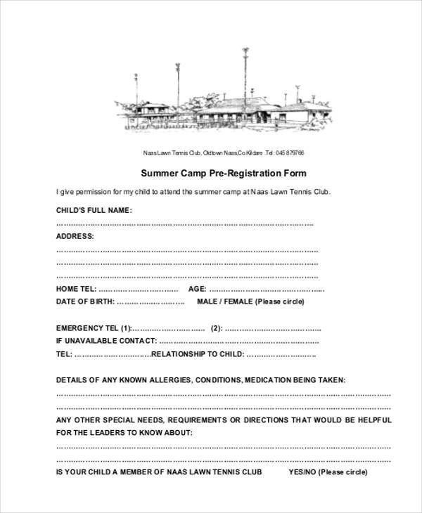 summer camp pre registration registration form