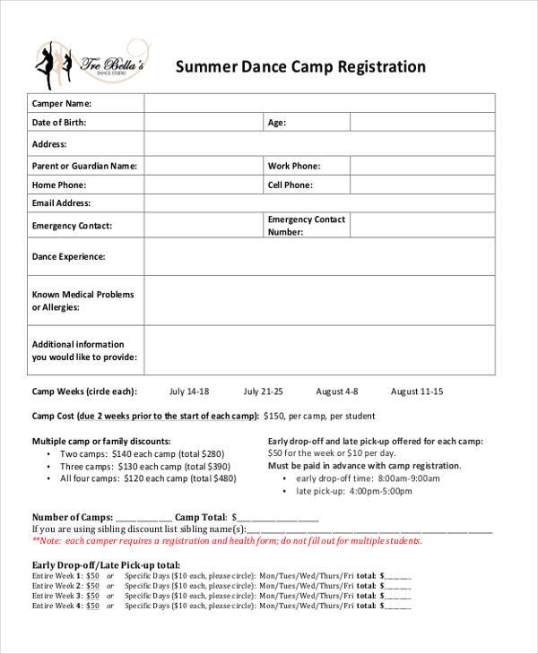 summer dance camp registration form