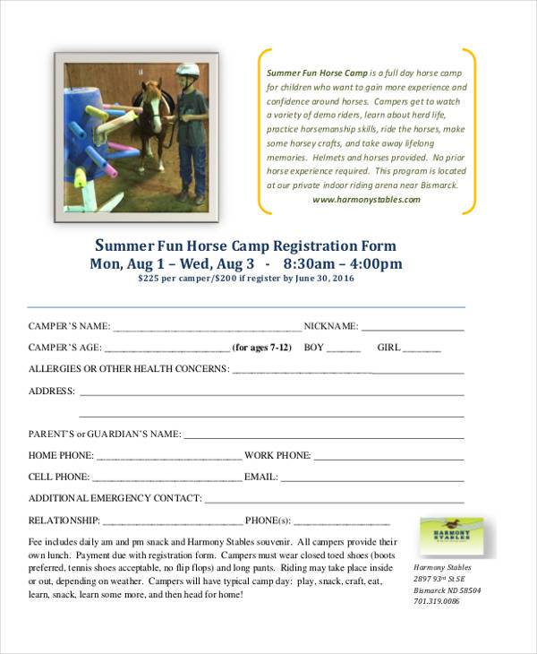 summer fun horse camp registration form