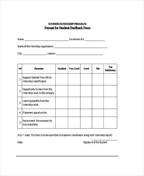 summer internship feedback form