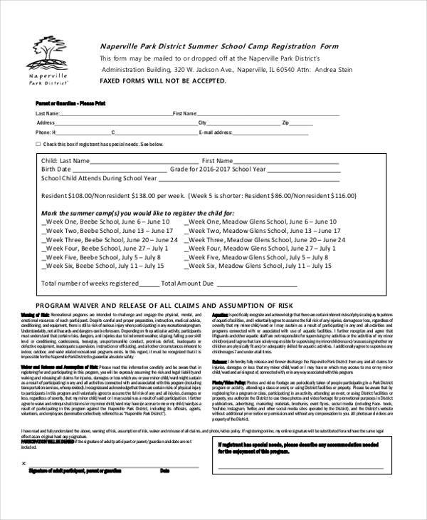 summer school camp registration form